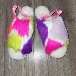 UGG Multicolor Furry Slippers with Pink Straps Sz 10